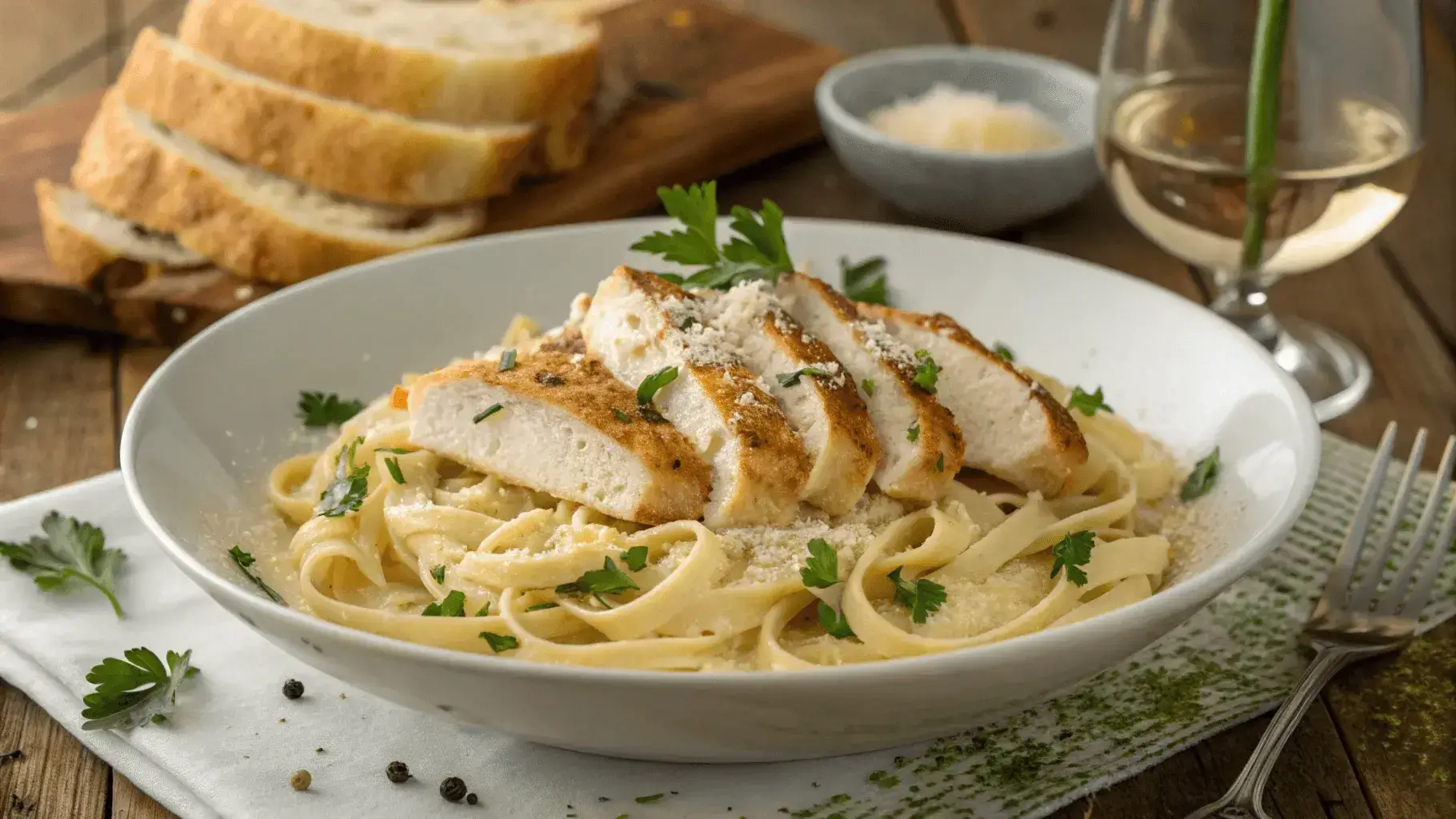 A beautifully plated garlic parmesan chicken pasta dish, garnished with fresh parsley and served with garlic bread