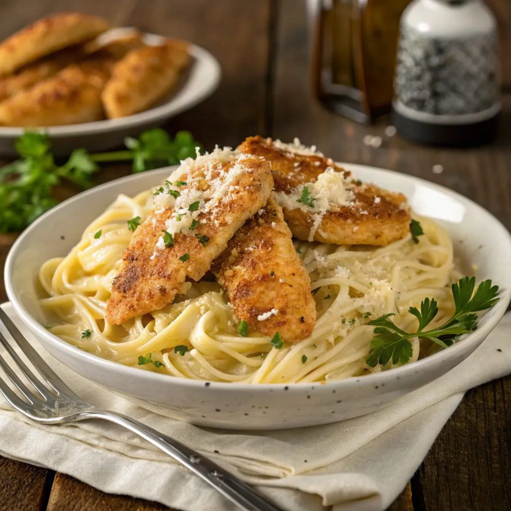 A full meal setup featuring Buffalo Wild Wings Garlic Parmesan chicken pasta served with garlic bread, a Caesar salad