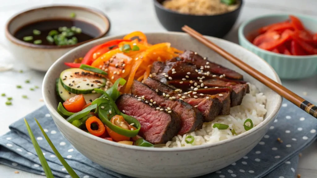 A flat lay of fresh ingredients for a steak and rice bowl including sliced steak, colorful bell peppers, spring onions, rice, and soy sauce