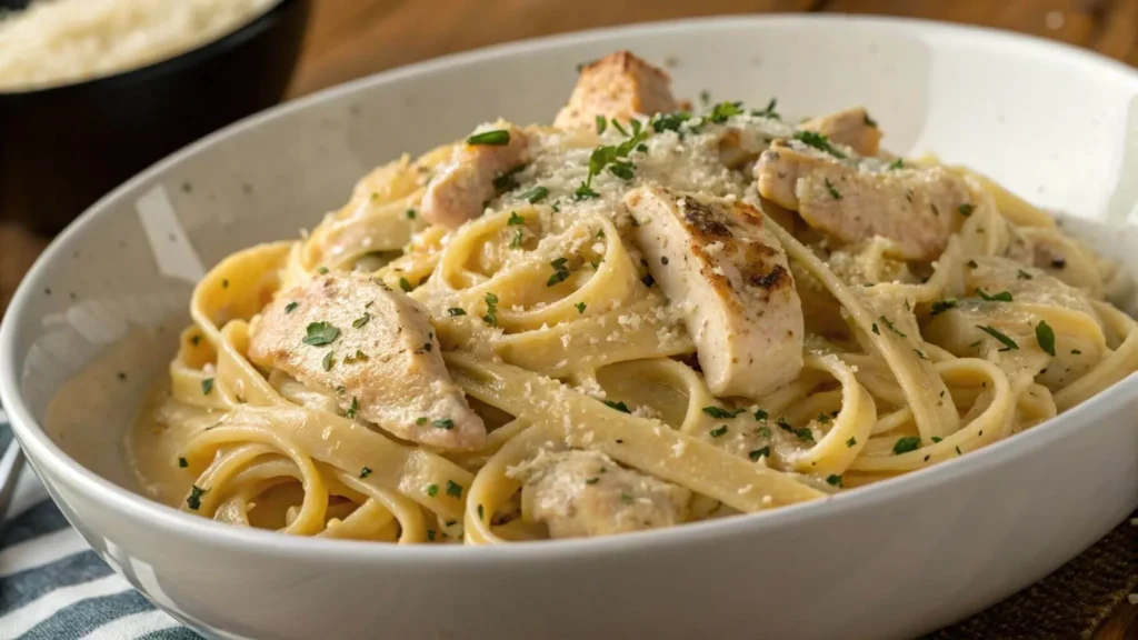 A close-up of creamy garlic Parmesan chicken pasta with golden chicken slices, garnished with parsley and grated Parmesan