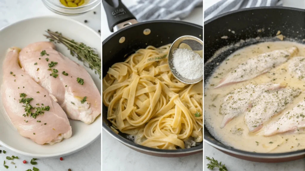 A collage-style image showcasing the steps for making garlic parmesan chicken pasta, including seasoned raw chicken, pasta boiling, and creamy sauce preparation.