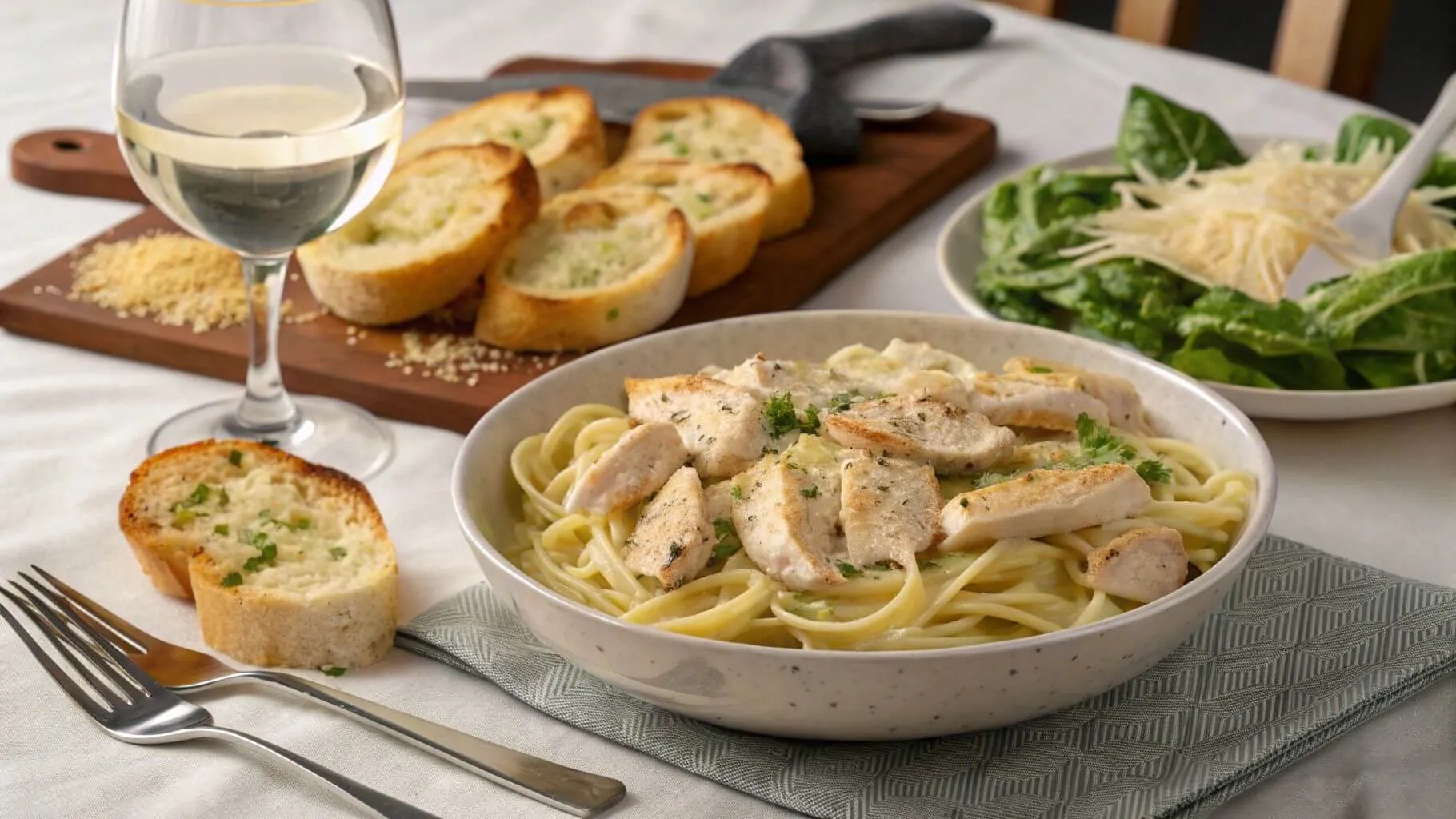 A complete dinner setup featuring creamy garlic Parmesan chicken pasta served with garlic bread, Caesar salad, and a glass of white wine