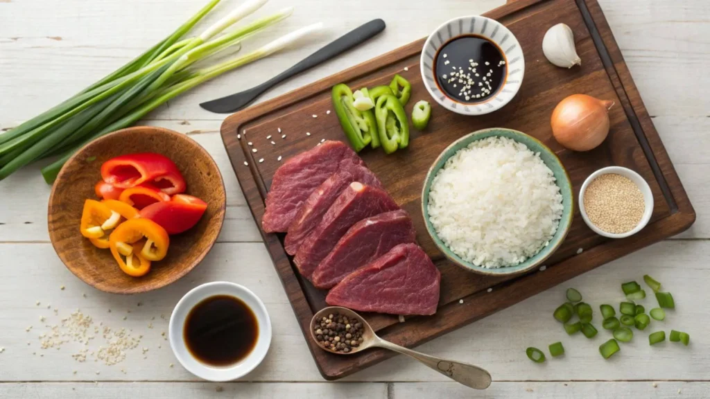 A close-up of a served steak and rice bowl with tender slices of steak, colorful vegetables, and sesame seeds on top of fluffy white rice