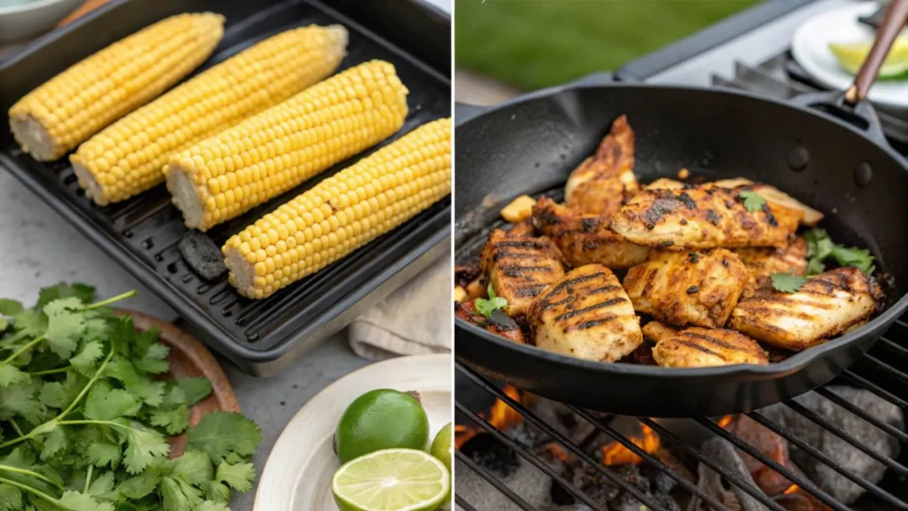 Grilling process of chicken and corn for street corn chicken rice bowl, with fresh cilantro and lime on the side