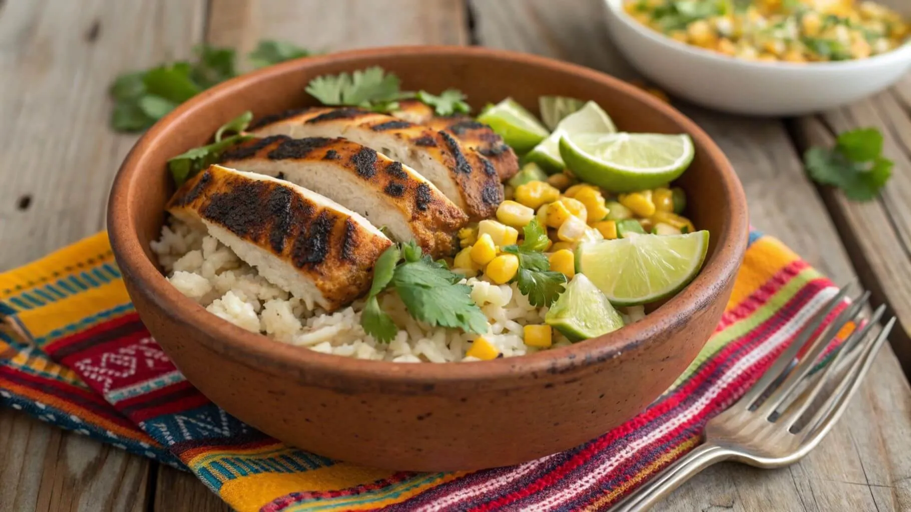 A colorful street corn chicken rice bowl featuring grilled chicken slices, charred corn, fluffy rice, fresh cilantro, and lime wedges in a rustic bowl