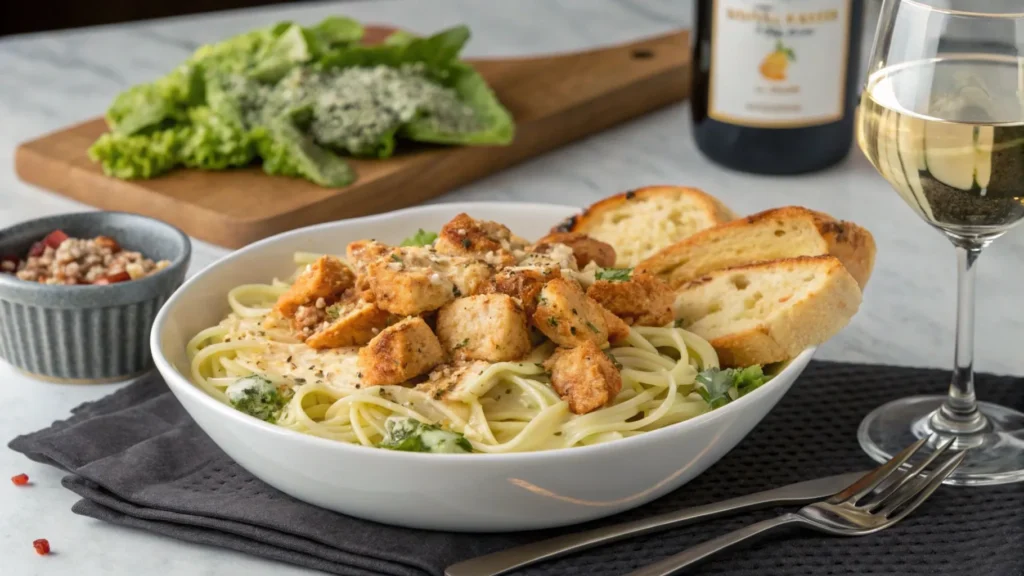 "A skillet with creamy garlic Parmesan sauce being stirred, with cooked pasta and sliced chicken in the background