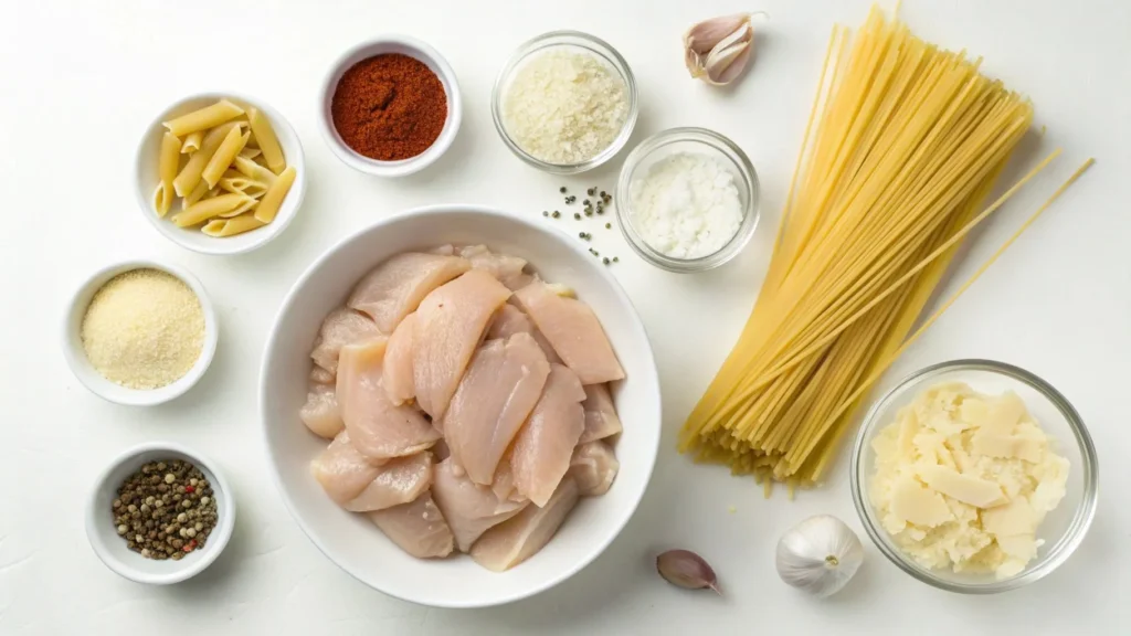 A skillet with creamy garlic Parmesan sauce being stirred, with cooked pasta and sliced chicken in the background