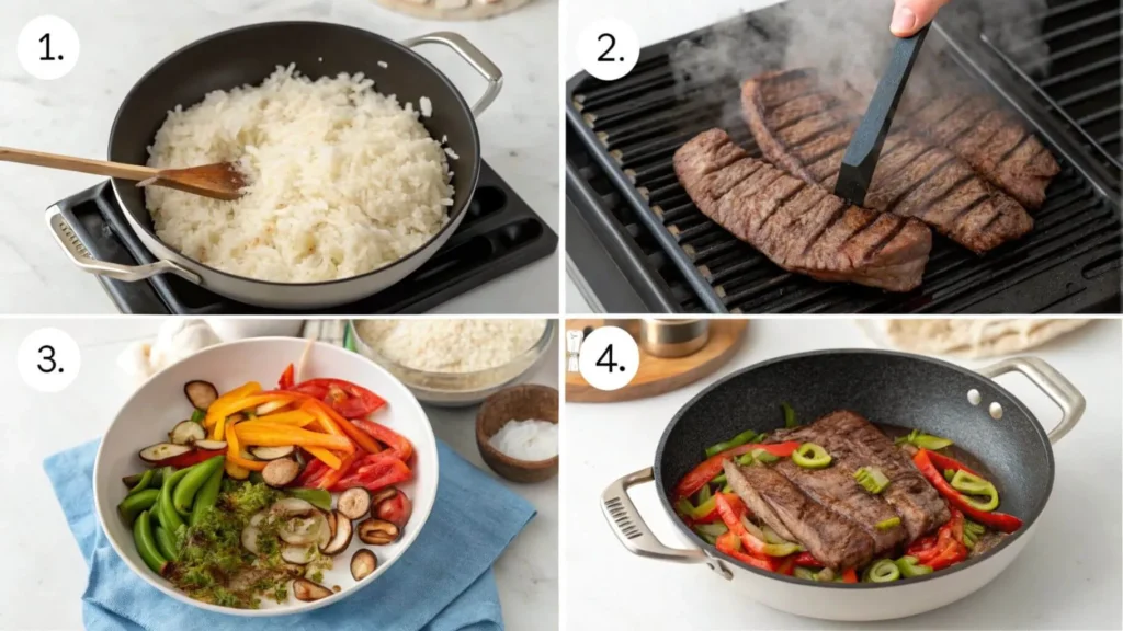 Step-by-step cooking process of a steak and rice bowl, including cooking rice, grilling steak, preparing vegetables, and assembling the bowl