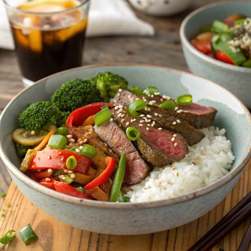 A beautifully presented steak and rice bowl with colorful vegetables, topped with sesame seeds and garnished with spring onions