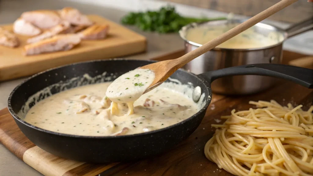 A flat lay of ingredients for Buffalo Wild Wings Garlic Parmesan chicken pasta, including raw chicken, pasta, Parmesan cheese, garlic, and spices