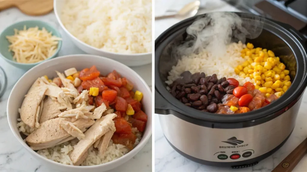 Step-by-step process for making a chicken burrito bowl in a rice cooker, showing ingredients like rice, black beans, corn, and tomatoes layered with chicken