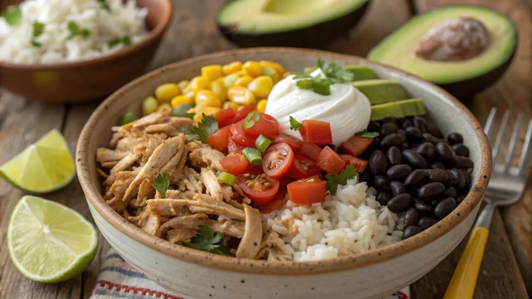 A vibrant chicken burrito bowl made in a rice cooker with shredded chicken, rice, black beans, corn, fresh tomatoes, avocado slices, and sour cream