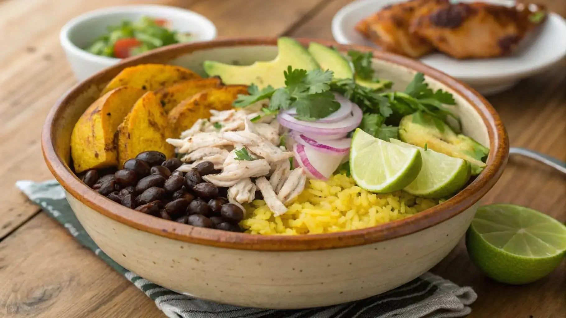 A vibrant Cuban rice bowl featuring yellow rice, black beans, roasted plantains, shredded chicken, avocado slices, lime wedges, and red onion garnished