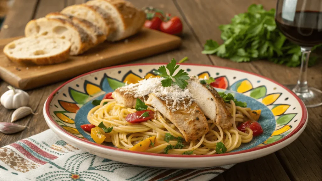  A vibrant plate of garlic parmesan chicken pasta served with roasted tomatoes and parsley, paired with fresh bread and a glass of red wine