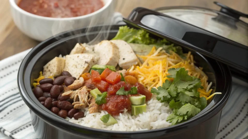 A steaming chicken burrito bowl in a rice cooker, topped with shredded chicken, rice, beans, cheese, salsa, and fresh cilantro