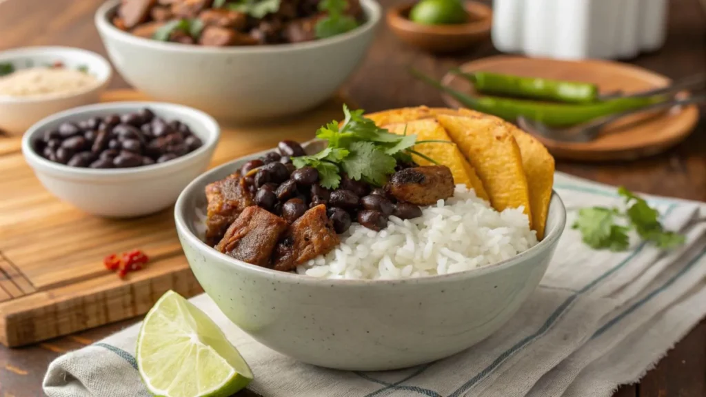 A traditional Cuban rice bowl with white rice, black beans, fried plantains, and pork pieces garnished with lime wedges and fresh cilantro