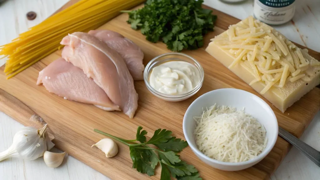 Ingredients for creamy garlic Parmesan chicken pasta including raw chicken, pasta, Parmesan cheese, garlic, and parsley arranged on a wooden cutting board