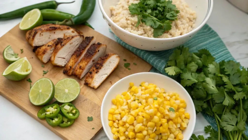 Flat lay of ingredients for street corn chicken rice bowl, including grilled chicken, corn, limes, jalapeños, cilantro, and cooked rice on a wooden board