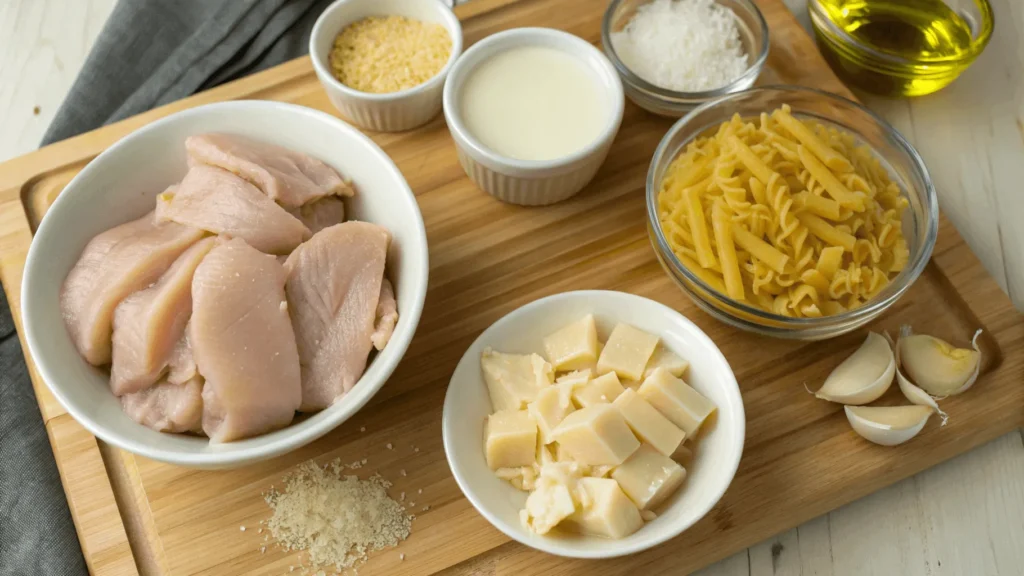 A close-up view of key ingredients for garlic parmesan chicken pasta, including raw chicken, uncooked pasta, Parmesan cheese cubes, minced garlic, and cream, all arranged on a wooden board