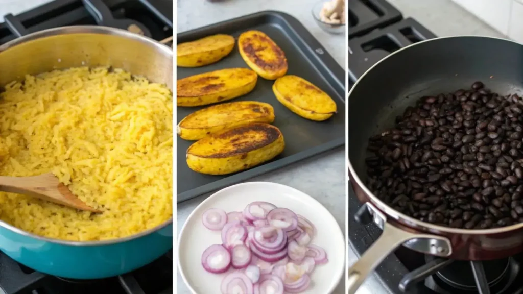 Step-by-step visuals showing the preparation of a Cuban rice bowl: yellow rice in a pot, roasted plantains on a baking tray, sliced red onions, and black beans sautéed