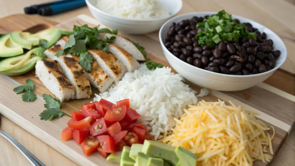 A wooden board featuring sliced grilled chicken, fresh cilantro, black beans, chopped tomatoes, grated cheese, and avocado slices for building a Cuban rice bowl.