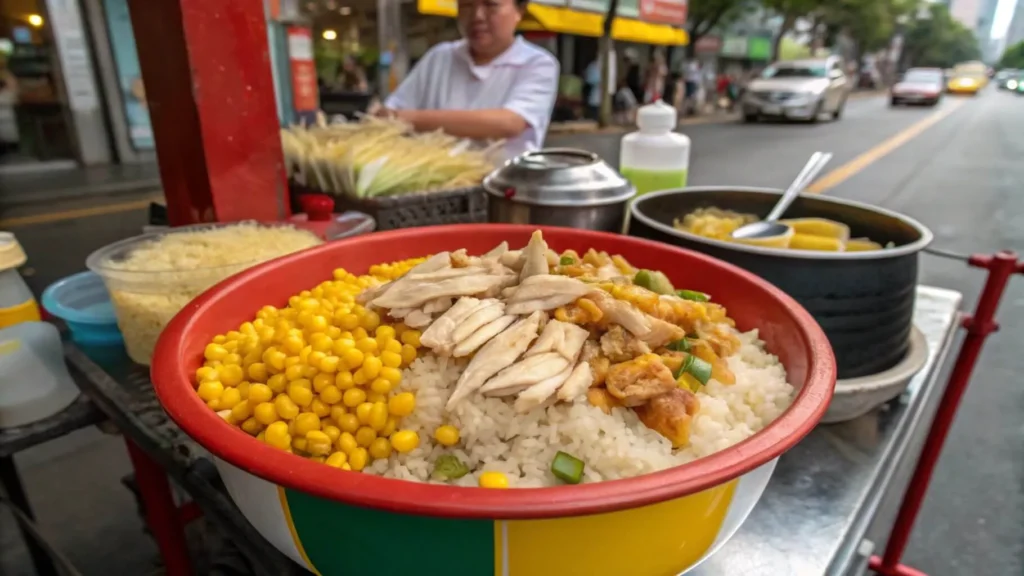 A street vendor-style serving of street corn chicken rice bowl with rice, grilled chicken, corn, and garnishes in a colorful bowl