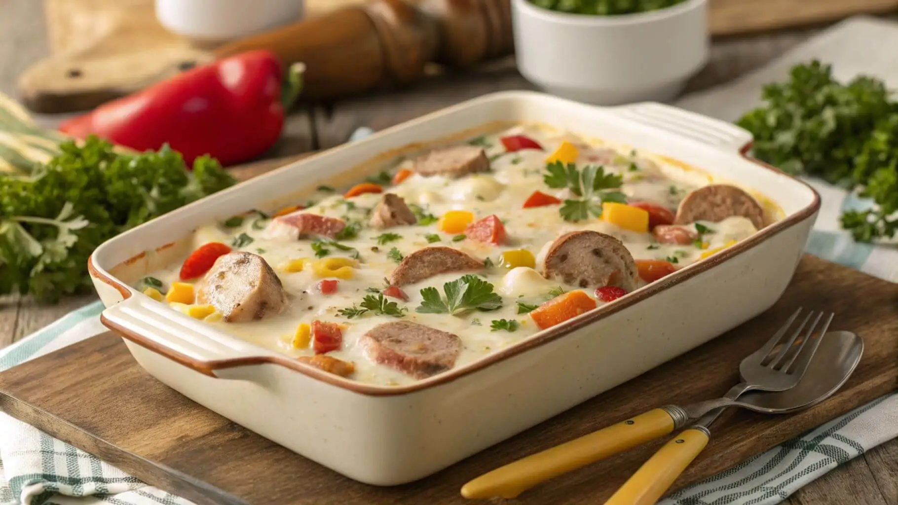 Canned white gravy casserole with sausage and vegetables, baked to golden perfection.