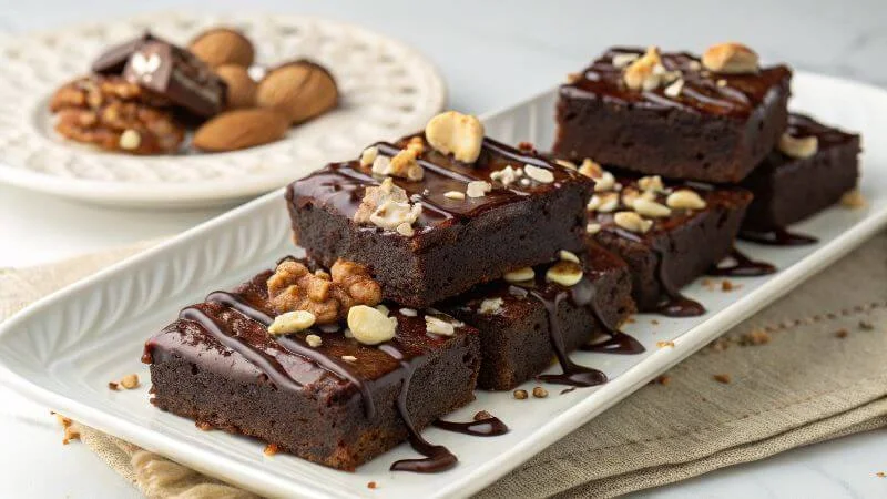 Delicious protein brownies topped with nuts and chocolate.