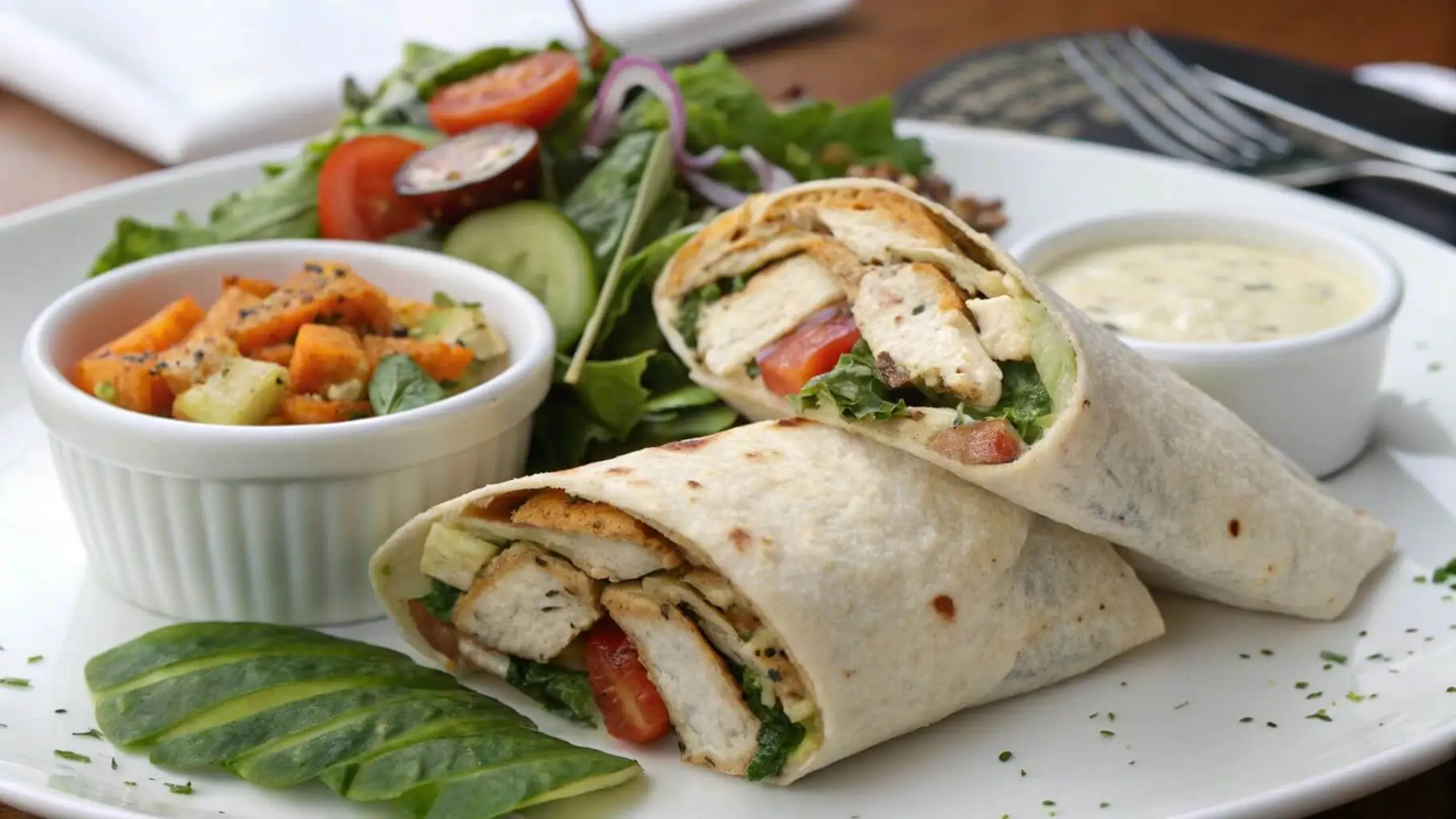 Chicken wrap served with fresh salad, roasted vegetables, and dipping sauces.