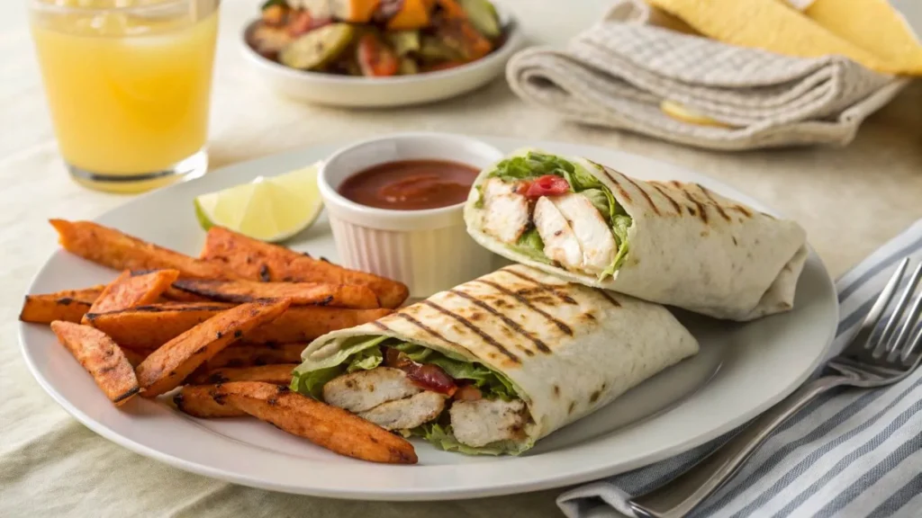 A grilled chicken wrap cut in half, served with sweet potato fries and dipping sauce on a plate