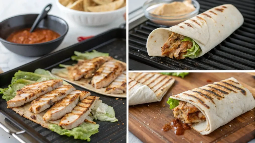 Step-by-step preparation of grilled chicken wraps, including marinated chicken, tortillas, and fresh veggies