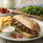 Steak sandwich served with fries, garlic aioli, and fresh salad on a rustic plate