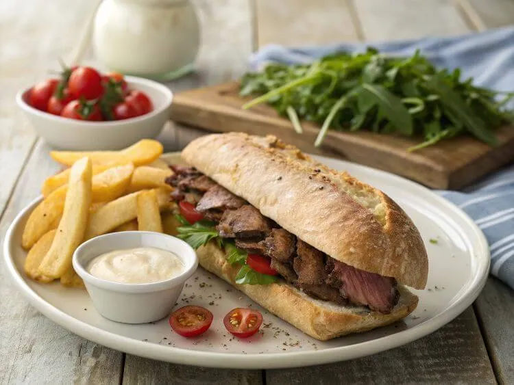 Steak sandwich served with fries, garlic aioli, and fresh salad on a rustic plate