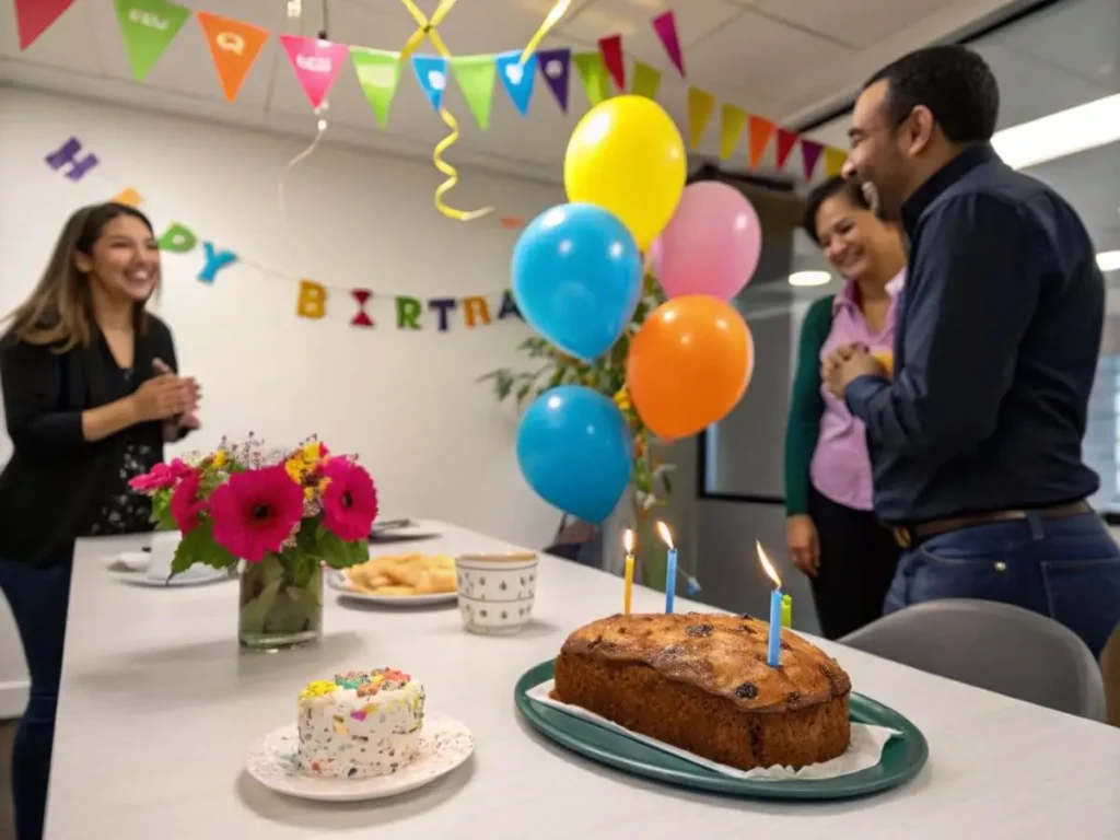 Office birthday celebration with banana bread.