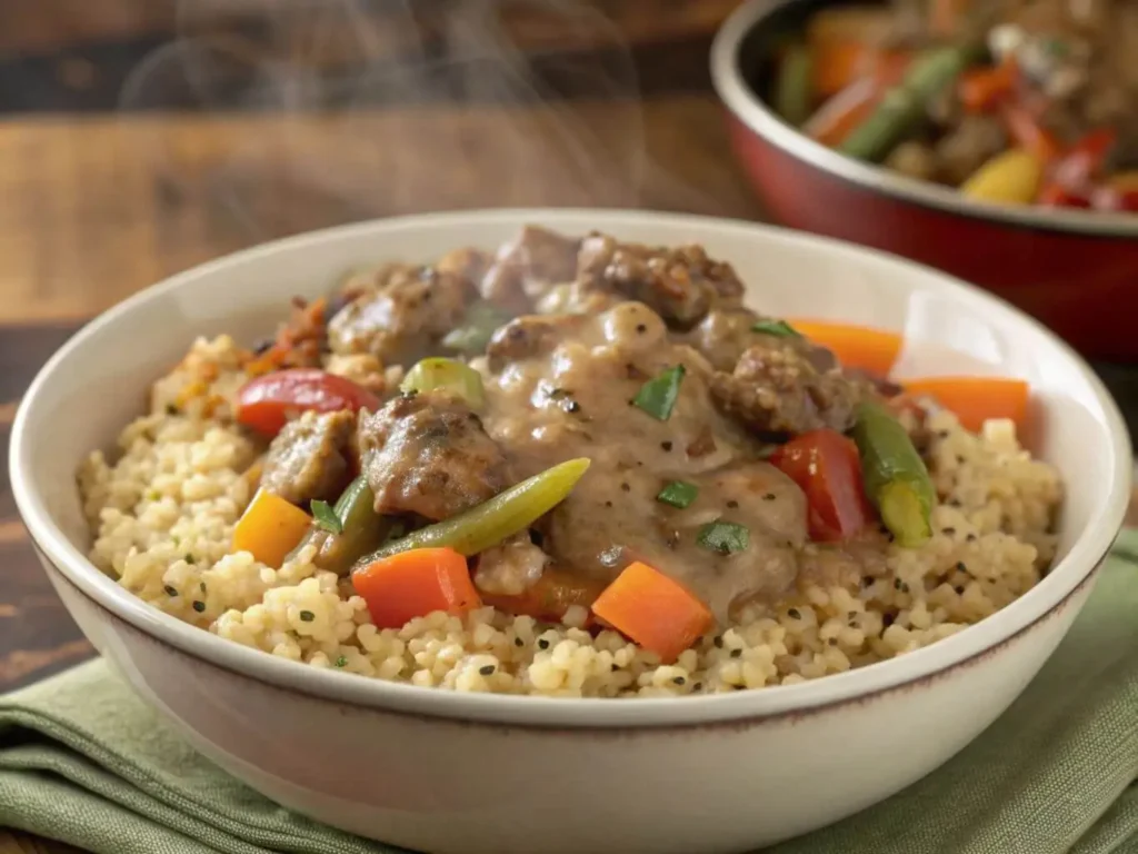 Savory grains topped with sausage gravy and vegetables.