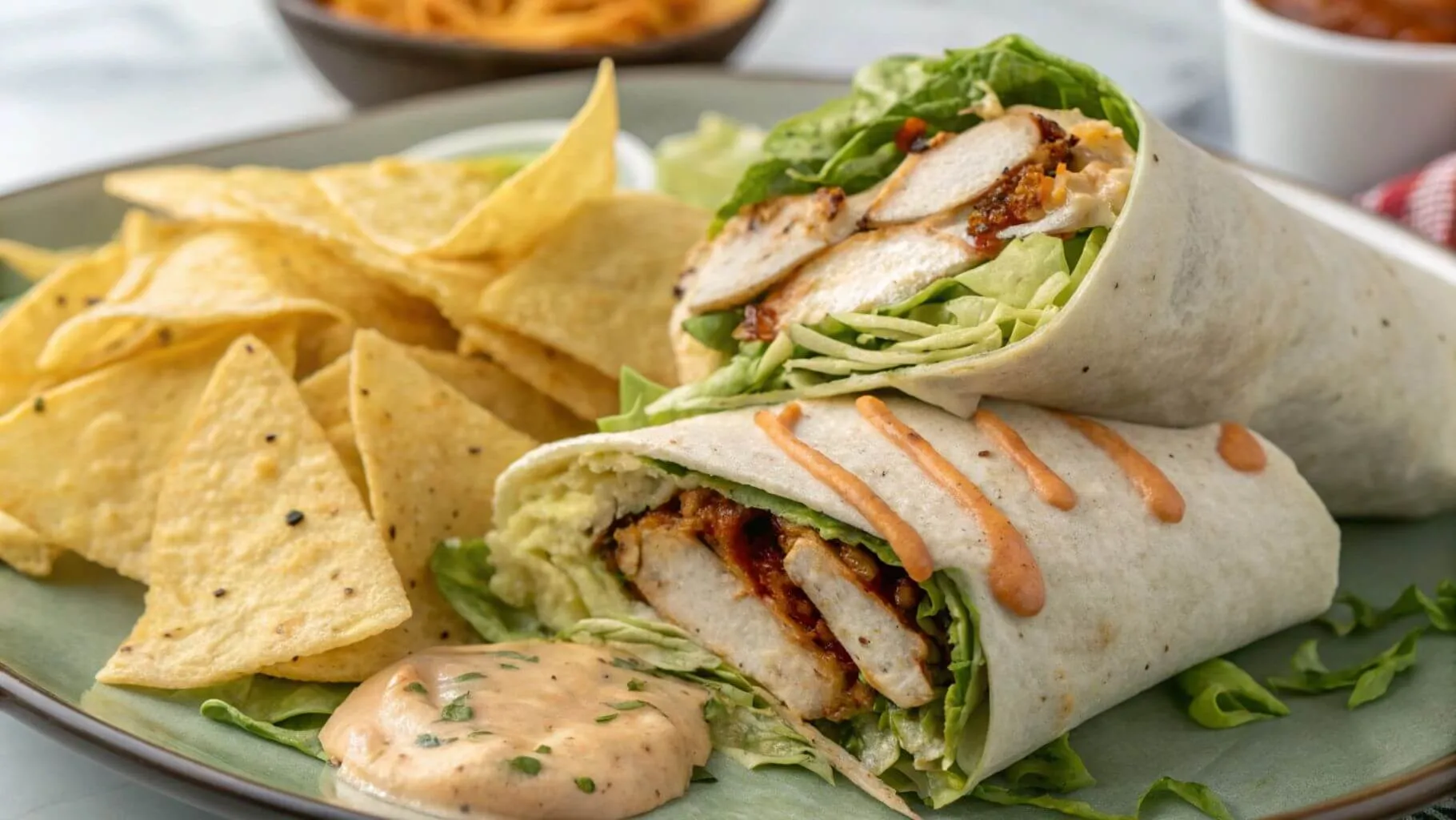 A chicken wrap sliced in half, revealing crushed tortilla chips, grilled chicken, lettuce, and a drizzle of spicy sauce on a plate