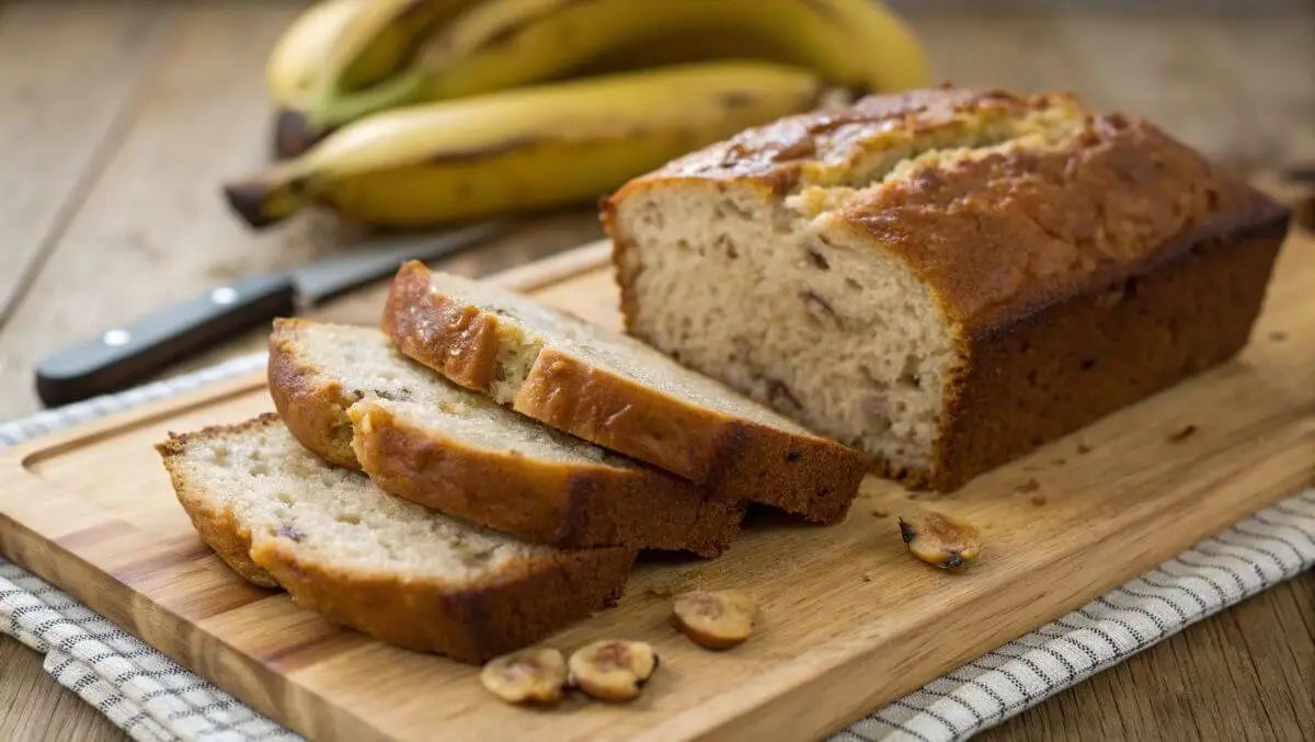 Sliced banana bread on a wooden cutting board.