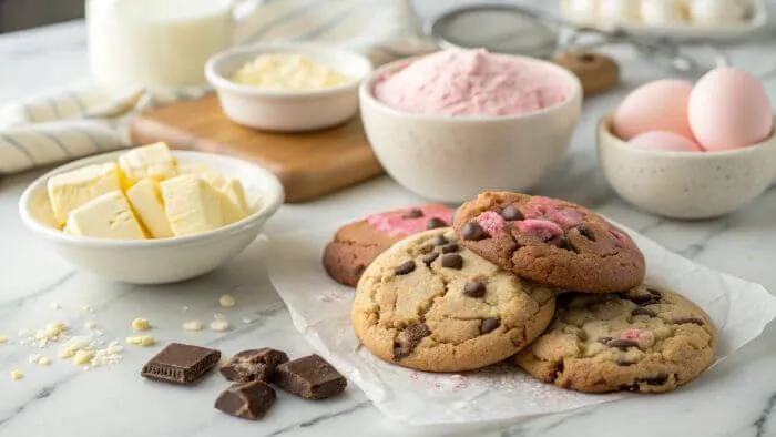 Assorted Crumbl-style cookies with baking ingredients on a marble counterto