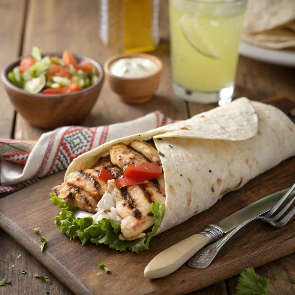 A freshly grilled chicken wrap served on a rustic wooden board, paired with a small bowl of salsa and a refreshing drink