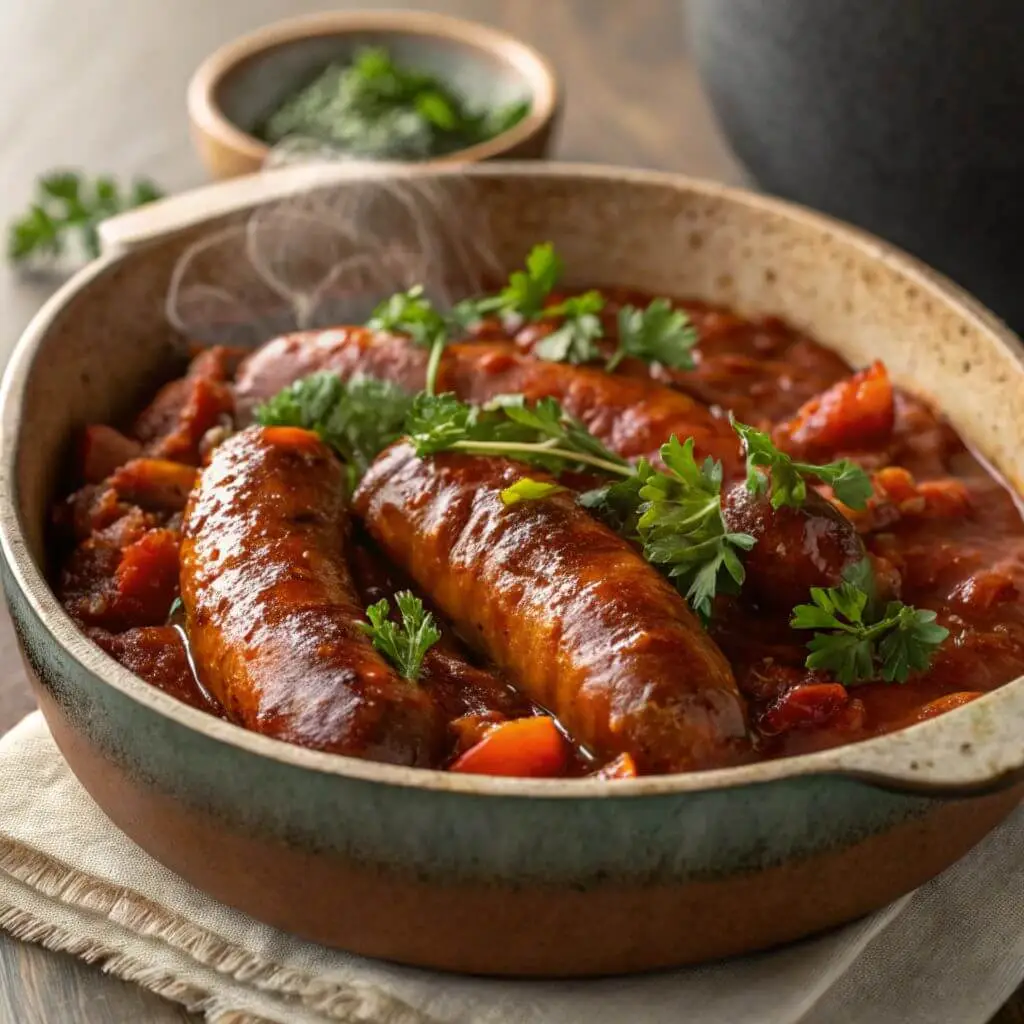 A hearty sausage casserole with vegetables in a rustic pot