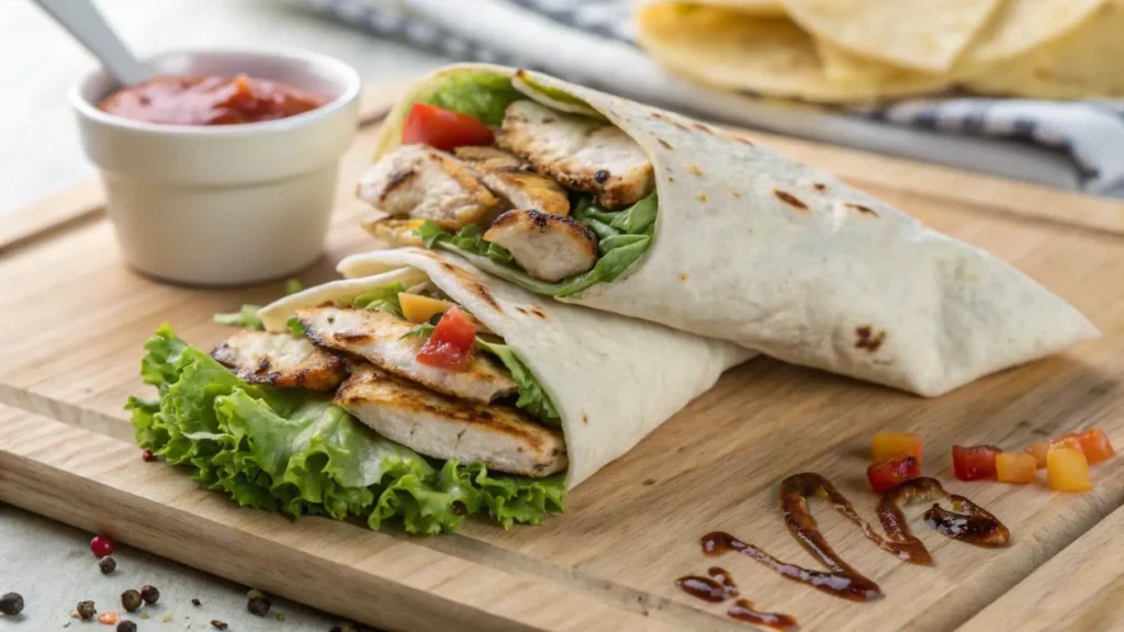 A neatly wrapped chicken wrap in parchment paper tied with twine, placed in a plastic container ready for storage or serving