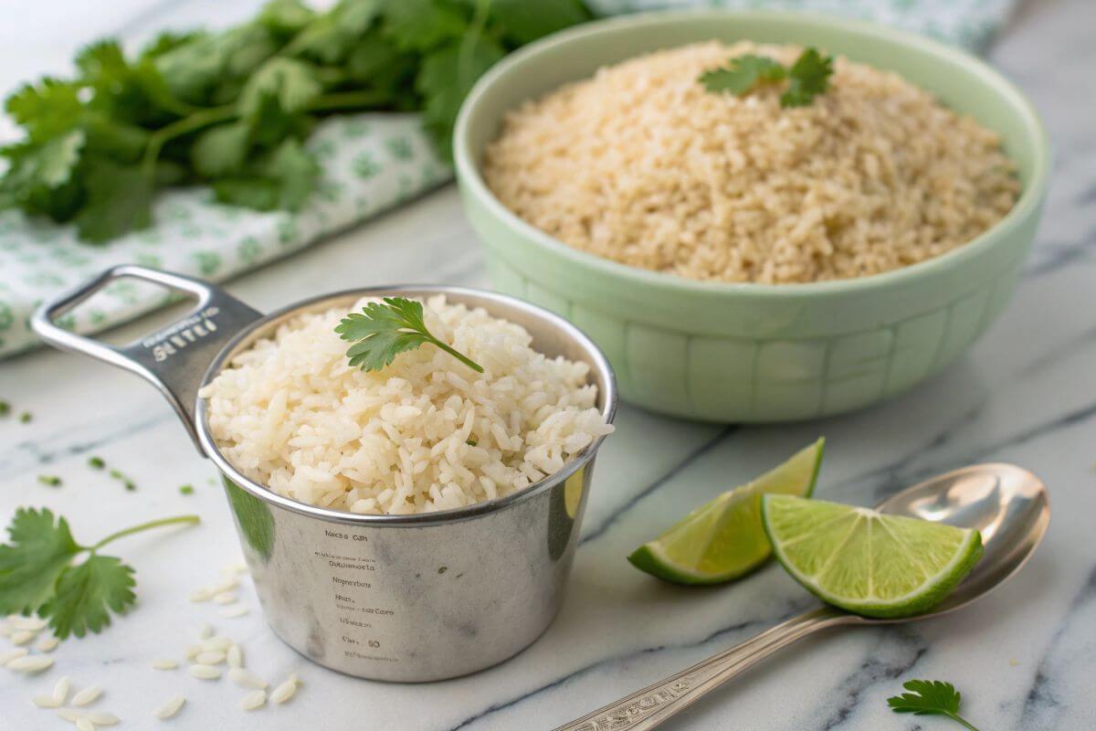 Measuring cup with raw rice and a bowl of cooked rice surrounded by fresh ingredients