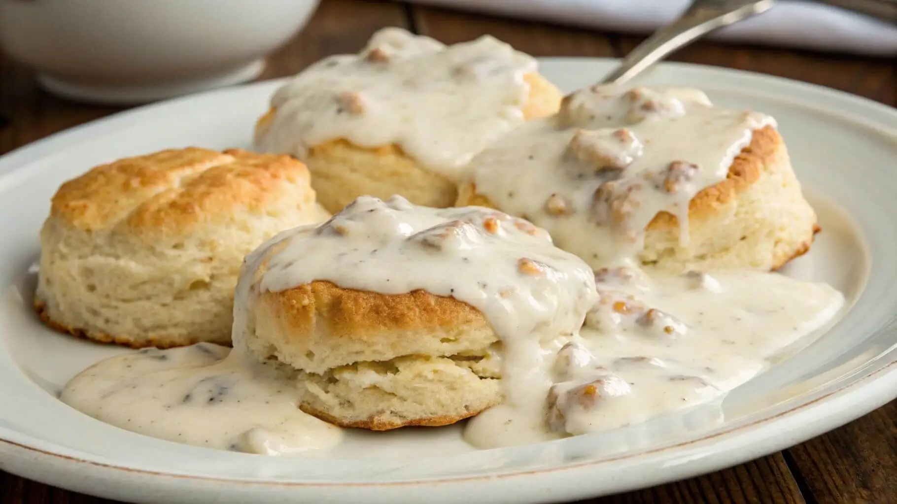 Fluffy biscuits topped with creamy white gravy.