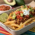 Loaded taco salad fries with vibrant toppings served in a rustic tray