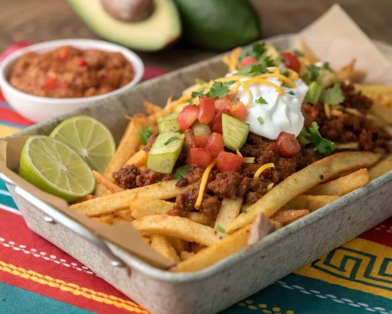 Loaded taco salad fries with vibrant toppings served in a rustic tray