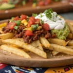 Taco fries with crispy tortilla strips, seasoned meat, cheese, and fresh toppings.