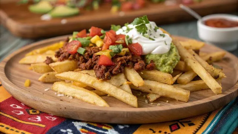 Taco fries with crispy tortilla strips, seasoned meat, cheese, and fresh toppings.