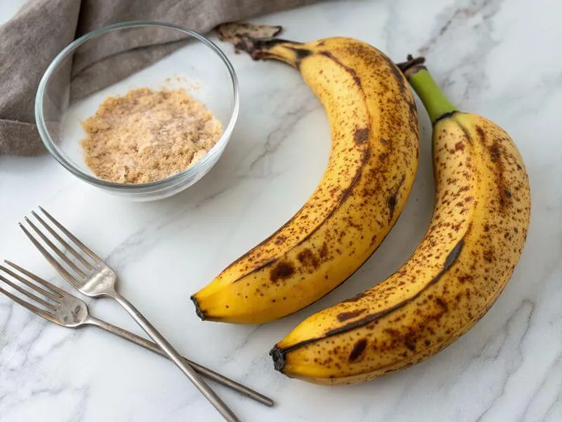 Overripe bananas with brown spots on a marble countertop, next to a fork and mixing bowl