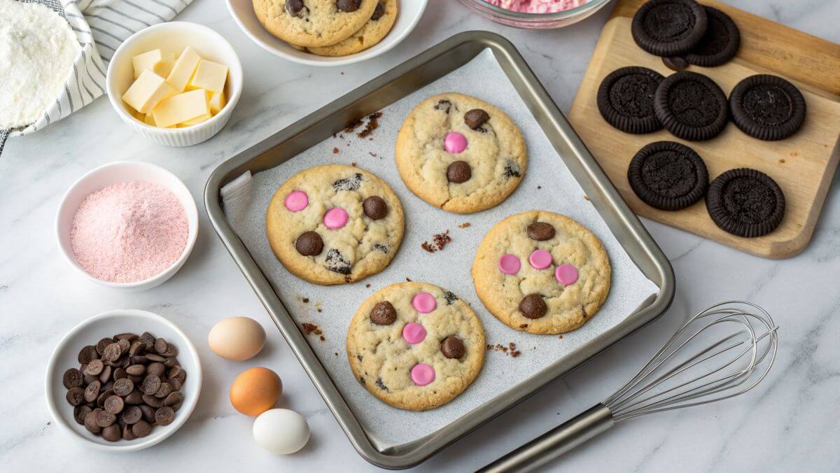 A tray of Crumbl-style cookies surrounded by baking ingredients