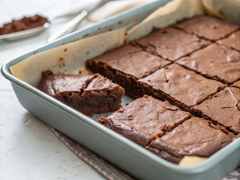 Freshly baked protein brownies cooling in a pan